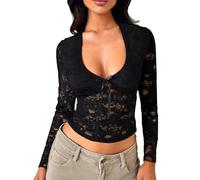 White Satin Blouses for Women UK Lace Long Sleeve Tops for Women Sexy Low Cut Going Out Mesh Crop Tops Slim Tight Shirts Lace Undershirt Half Sleeve Tops Women (Black, XL)