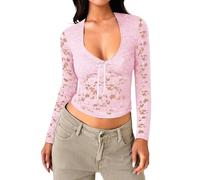 White Satin Blouses for Women UK Lace Long Sleeve Tops for Women Sexy Low Cut Going Out Mesh Crop Tops Slim Tight Shirts Lace Undershirt Half Sleeve Tops Women (Pink, XS)