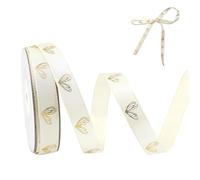White Satin Ribbon with Gold Hearts - Balloon String Bow Decorative Ribbons for Gift Wrapping, 10mm x 9m Curling Ribbon for Crafts, Bouquets, Balloons, Wedding, Birthday, Party Decoration