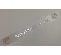 White satin ribbon with silver "Baby's first Christmas print" 25mm x 1m