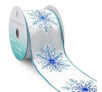 White Satin with Royal Blue Snowflakes Wired Christmas Ribbon- 2.5 Inch x 10 Yards x 1Roll
