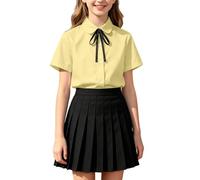 White School Shirt Girls Button Down Short Sleeve Blouse School Uniform Revere Collar Button Up Blue Polo Shirts Kids Boys Summer Tops Junior Clothes with Bow Tie (Yellow, 12-13 Years)
