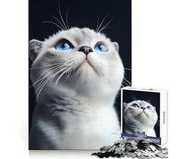 White Scottish Fold Cat with Blue Eyes 1000 Piece Jigsaw Puzzles for Adults Teenagers Thought Training Mindful Leisure Uniform Cut Bday Surprise (38x26cm)