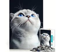 White Scottish Fold Cat with Blue Eyes 1000 Piece Teenager Puzzles Mental Focus Game Precision Cut Smooth Edges Christmas Stocking Stuffer Game (50x75cm)