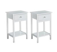(WHITE) Set of 2 Moden Narrow Side End Tables with Open Shelf and Drawer Arlo