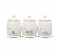 White Set Of 3 Durable Ceramic Tea, Coffee & Sugar Kitchen Storage Heart Lid Jars/Canisters Shabby Chic Love Motif Barrel Name Labelled Food Preservatives 11 X 11 X 17 Cm