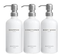 White Shampoo and Conditioner Dispenser Set by Brighter Barns - Shower Dispenser for Bathroom - Refillable Plastic Shampoo Bottle & Stainless Steel Pump - Shampoo Dispenser for Vacation Rental (White)
