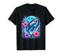 White Shark Moon Tropical Hibiscus Ocean Floral Coastal Art Value Graphic T-Shirt, Men, Black, L