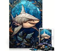 White Shark Stained Glass Jigsaw Puzzles for Teenagers 1000 Focus Ability Relaxed Leisure Interlock Well Best Gift (50x75cm)