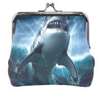 White Shark Stormy Ocean Waves Coin Purse Holder Women Leather Buckle Kiss Lock Card Change Purse for Girls, White Shark Stormy Ocean Waves, Classic