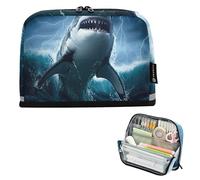 White Shark Stormy Ocean Waves Pencils Pouch Zipper Pencil Case Big Pencil Bag Storage Girls Classroom Pen Pouch Colorful College High School Office Supplies