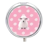 White Sheep on Pink Background Pill Box Cute Round Small Pill Organizer Portable with 3 Compartments Travel Metal Pill Case for Pocket Or Purse Privacy Protecting Medicine Box