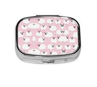 White Sheep On Pink Background Print Pill Box 2 Compartment Medicine Pill Case,Portable for Pocket Or Purse Pill Box Decorative Metal Medicine Organizer