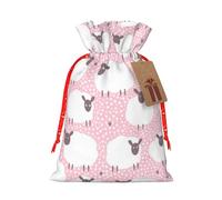 White sheep on pink background Printed Christmas Drawstring Bags with Red Christmas Ribbon - Reusable Burlap Drawstring Gift Pouches, M