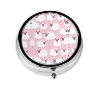 White Sheep on Pink Background This Small, Printed, Round Pill Box is a Portable Pill and Vitamin Organizer Perfect for Pockets, Purses, and Travel.