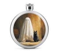 White Sheet Ghost and Black Cat Halloween Stainless Steel Hip Flask for Liquor, Round Pocket Portable Wine Flask for Drink 5 Oz