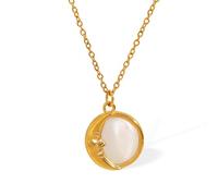 White Shell Moon Pendant Necklace for Women Crescent Stainless Steel Round Circle Choker Necklace Link Chain Adjustable Fashion Jewelry