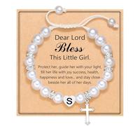White Shell Pearl Bracelet Adjustable Cross Beaded for Women Girls First Holy Communion Baptism Gifts with Message Card Easter Confirmation Gifts for Girls Birthday Wedding Christmas (Letter-S)