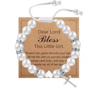 White Shell Pearl Bracelet Adjustable Cross Beaded for Women Girls First Holy Communion Baptism Gifts with Message Card Easter Confirmation Gifts for Girls Birthday Wedding Christmas Appreciation