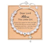 White Shell Pearl Bracelet Adjustable Cross Beaded for Women Girls First Holy Communion Baptism Gifts with Message Card Easter Confirmation Gifts for Girls Birthday Wedding Christmas (Letter-A)
