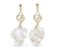 White Shell Petal Drop Earrings for Women, Gold Dangle Earrings with Iridescent Floral Charm, Boho Beach Vacation Earrings, Elegant Statement Jewelry for Wedding Party