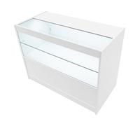 White Shop Counter LED Light C 1200mm Lockable Sliding Doors 2 Keys Retail Storage Unit Display Showcase Cabinet Reception Desk Clothing Jewellery Store 3 Shelves 2 Glass 1 Enclosed Lighting