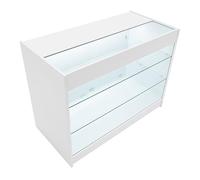 White Shop Counter LED Light K 1200mm Lockable Sliding Doors 2 Keys Retail Storage Unit Glass Display Showcase Cabinet Reception Desk Clothing Jewellery Store 3 Shelves Cool Lighting