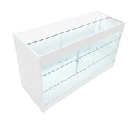 White Shop Counter LED Light K 1500mm Lockable Sliding Doors 2 Keys Retail Storage Unit Glass Display Showcase Cabinet Reception Desk Clothing Jewellery Store 3 Shelves Cool Lighting