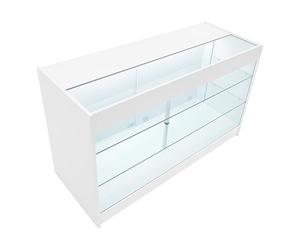 White Shop Counter LED Light K 1500mm Lockable Sliding Doors 2 Keys Retail Storage Unit Glass Display Showcase Cabinet Reception Desk Clothing Jewellery Store 3 Shelves Cool Lighting
