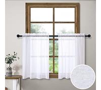 White Short Sheer Curtains 36 Inch Length for Kitchen Door 2 Panel Set Rod Pocket Cafe Curtains Linen Look Semi Sheer Tier Curtains for Small Window Bathroom Basement Kids Farmhouse Decor 30x36 Long