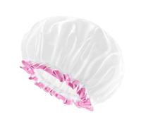 White Shower Cap for Women, Waterproof Reusable Hair Caps for Ladies and Girls, Medium Double-layered Washable Bath Caps for Thick Hair 2 Packs (Pink Edge)
