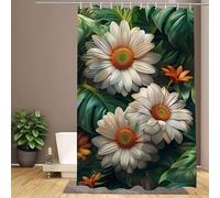 White Shower Curtain, Chrysanthemum Shower Curtains 200x220cm Bathroom Curtains, Durable Waterproof Polyester Fabric Bath Curtain, with Hooks - Easy Clean, Washable and Weighted Hem for UK Homes W1-8