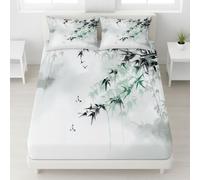 White Shrinkage Bedding Bamboo Forest Mist Flying Birds Deep Pocket Fitted Sheet Ink Wash Painting Artistic Easy Care Serene Elegant Oriental Fitted Sheet 90 x 190 x 25 Adults