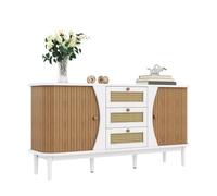 White Sideboard with 2 Sliding Doors & 3 Rattan Drawers Rustic Storage Cabinet Buffet Side Table for Hallway Bedroom Living Room 140.5 x 40 x 76cm