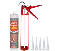 White Silicone Sealant Anti Mould Set - Bundle Includes General Purpose Waterproof Sealant, 11' Inch Caulking Gun, Spare Silicone Nozzles