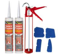 White Silicone Sealant Anti Mould Set - Includes 2X Everbuild White Silicone Sealant, 11 Inch Sealant Gun, Silicone Tool Finishing