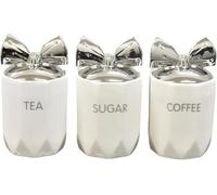 White Silver 3pcs Marble Effect Ceramic Tea, Coffee & Sugar Canisters 15x11cm Kitchen Storage Jars with Silver Bow Lid Crystal Style Containers for Home Décor, Dining Table & Gift Set