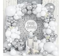 White Silver Balloons, 120 Pcs White and Metallic Silver Latex Balloon Arch Garland Kit with Different Sizes 18/12/10/5 Inch for Wedding Bridal Shower Engagement Anniversary Birthday Party Decorations
