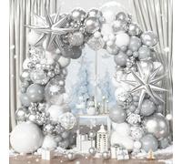 White Silver Balloons Garland Arch Kit, 113pcs White Grey Clear Balloons, Confetti Silver Explosion Star 4D Foil Balloon for Winter Wonderland Holiday Christmas Birthday Ice Snow Party Decorations