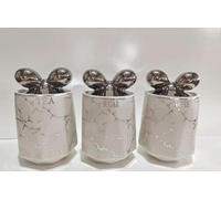 White Silver Bow Design Ceramic Tea Coffee Sugar Jar Set - 15cm Marble Effect Kitchen Storage Canisters with Airtight Lids - Bling Shiny Containers for Home Décor & Organization