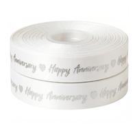 White & Silver Happy Anniversary Satin Ribbon 25mm x 2m - Gift Wrap | Sold in 2 metre lengths, ideal for wedding gifts Cake Decoration, Car Bows, Cake Toppers, Bags, Boxes, Balloon String & Cards