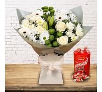 White Simplicity Hand Tied Bouquet - Fresh Flowers with Chocolates - Perfect for Birthdays, Anniversaries, Thank You Gifts