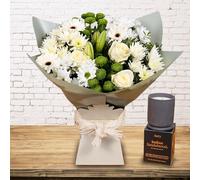 White Simplicity Hand Tied Bouquet - Fresh Flowers with Next Day Prime Delivery - Perfect for Birthdays, Anniversaries, and Thank You Gifts (+ Candle)