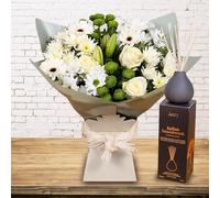 White Simplicity Hand Tied Bouquet - Fresh Flowers with Next Day Prime Delivery - Perfect for Birthdays, Anniversaries, and Thank You Gifts (+ Diffuser)