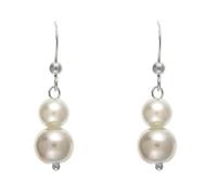 White Simulated/Faux Double Graduated Pearl Dangly/Dangle Drop Hook Earrings for Women/Teenage/Girls - 925 Sterling Silver - 8mm Width X 30mm Height