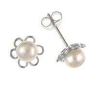 White Simulated/Faux Pearl Daisy Design Stud Earrings/Ear Studs - 9MM Wide - 925 Sterling Silver