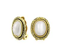 White Simulated Mabe Pearls Button Bezel Twist Rope Cable Clip-On Earrings For Women Oxidized Gold Plated Brass