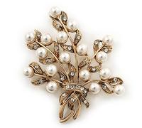 White Simulated Pearl/Clear Crystal Floral Brooch In Gold Plating - 6cm Length