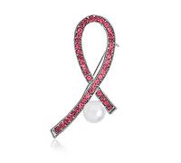Elegant White Simulated Pearl with Crystal Pave Pink Ribbon Breast Cancer Survivor Brooch Pin - Silver Plated Accent - Empowering Jewelry for Women