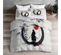 White Single Duvet 4.5 Tog - 1 Samurai Sun Bamboo Circles Pattern, Japanese Style Soft Warm Machine Washable Bedding with 2 Pillowcases 50x75 cm, Lightweight Cosy Reversible Bed Comforter 135 x 200 cm